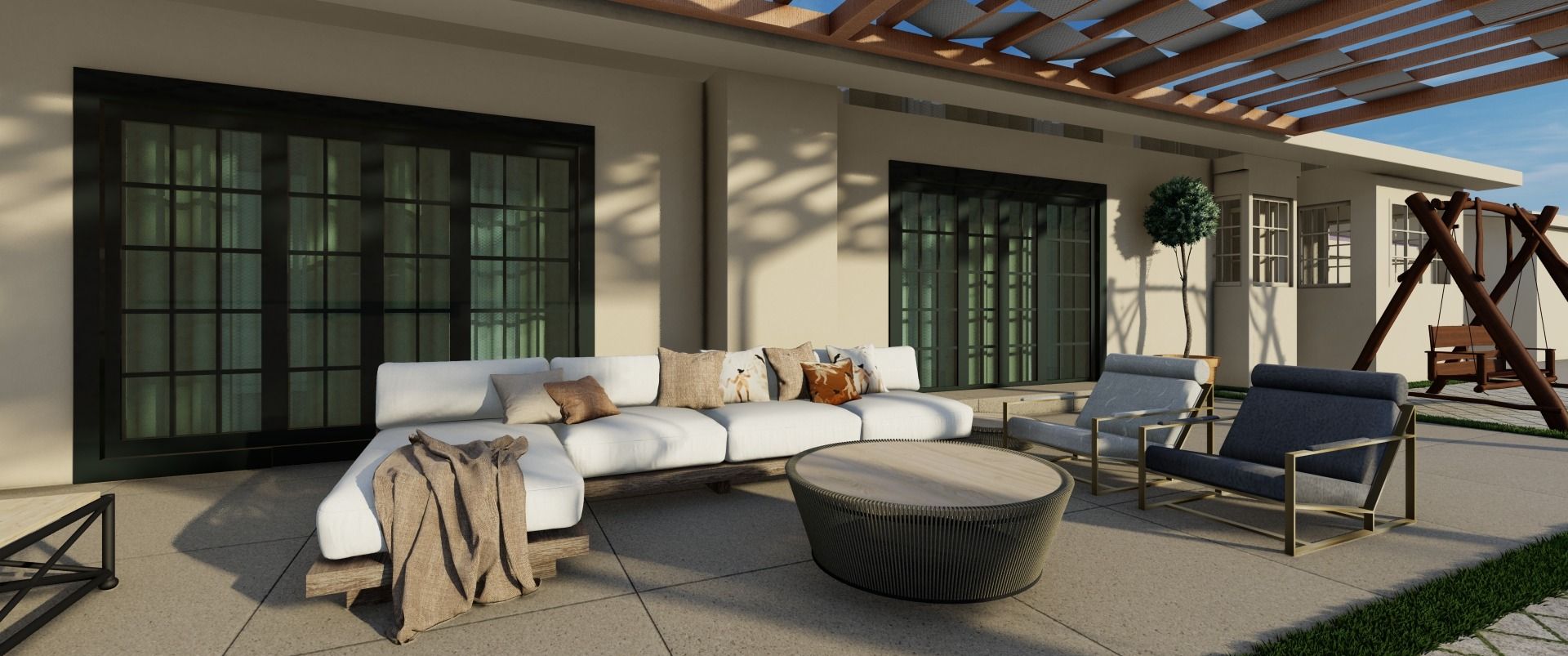 Arnwood — covered outdoor living room, architectural rendering