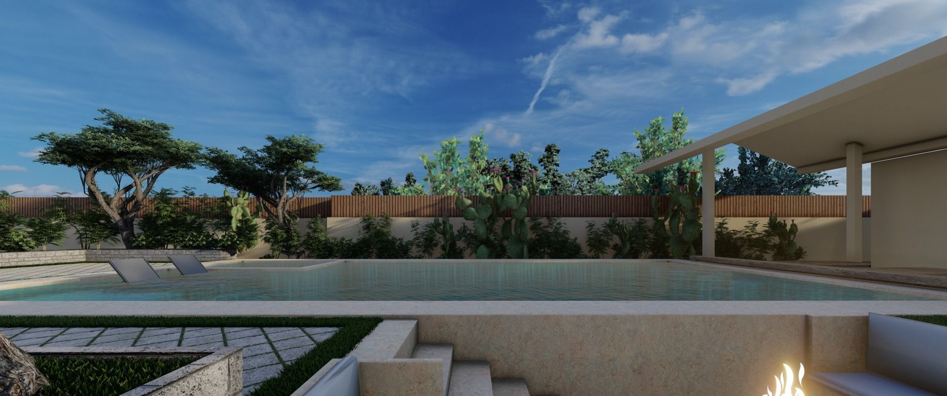 Arnwood — pool and sunken fire lounge at dusk, architectural rendering