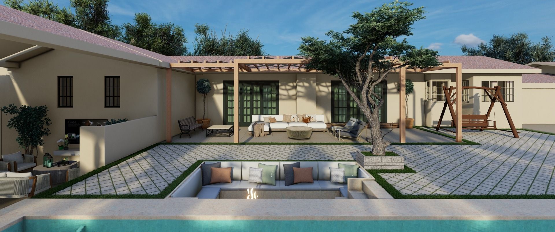 Arnwood — backyard with pool, pergola, and sunken lounge, architectural rendering