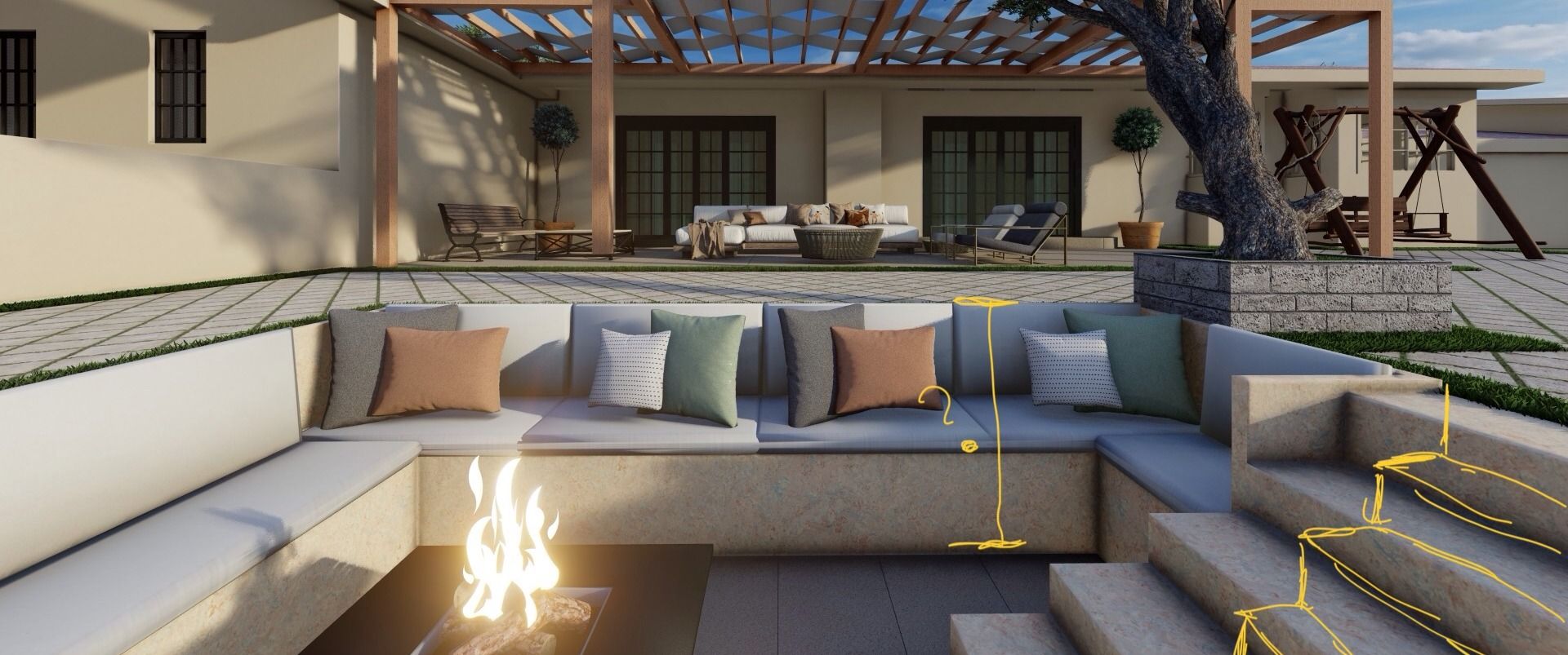 Arnwood — sunken fire lounge, architectural rendering