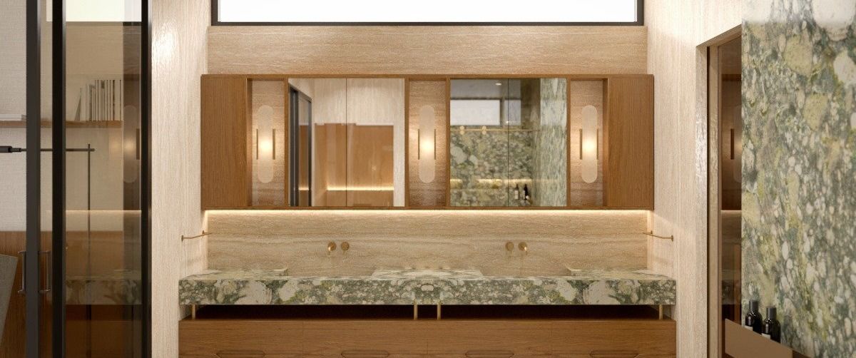 Bel Air custom home — primary bath, green marble double vanity, architectural rendering