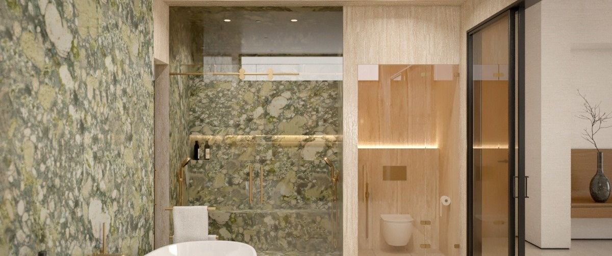 Bel Air custom home — primary bath, green marble tub and shower, architectural rendering