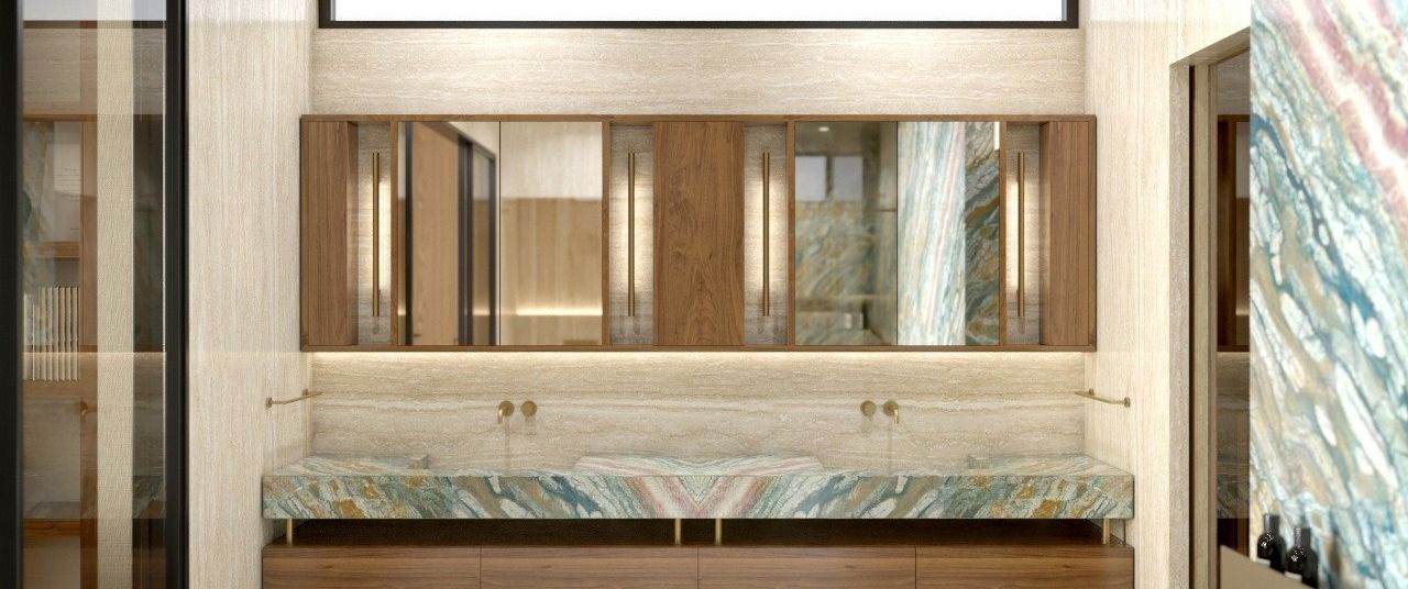 Bel Air custom home — secondary bath, onyx vanity, architectural rendering