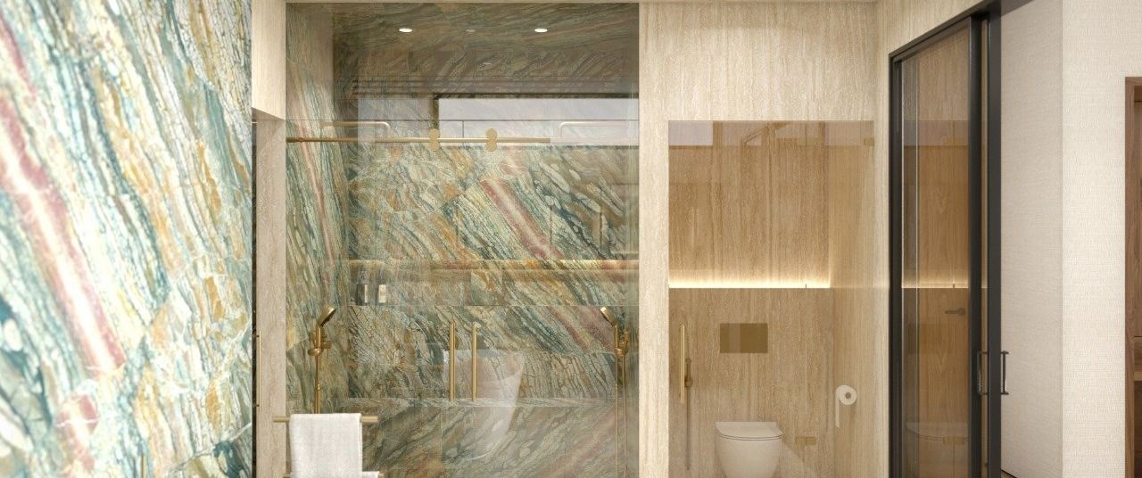 Bel Air custom home — secondary bath, onyx shower, architectural rendering