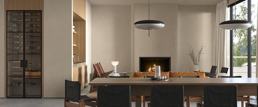 Bel Air custom home — dining and fireplace, architectural rendering