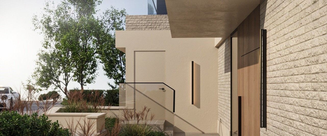 Bel Air custom home — entry path along the brick wall, architectural rendering