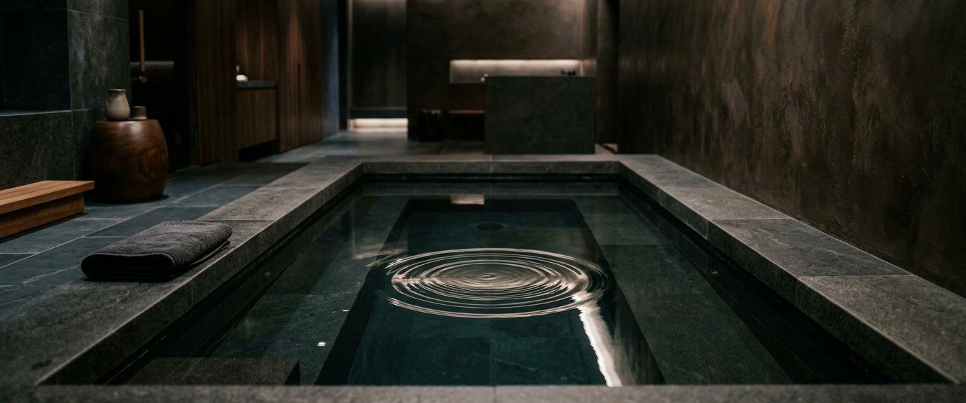 Still, dark water of a cold plunge with faint ripple