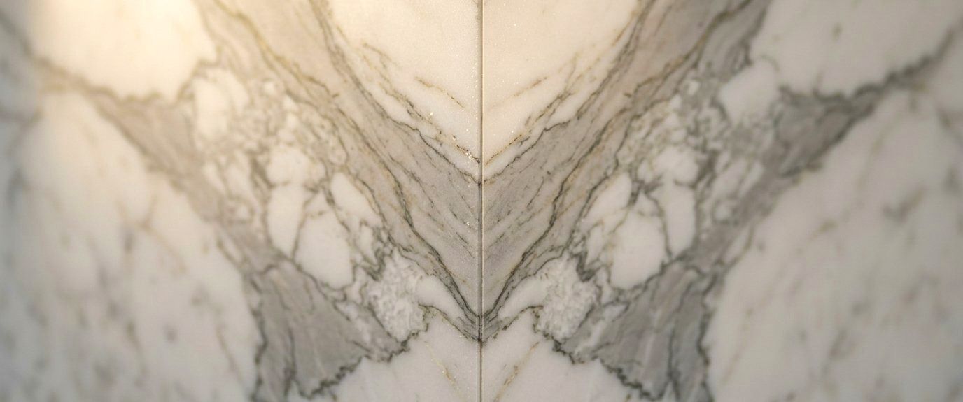 Book-matched stone in a primary bath, as built