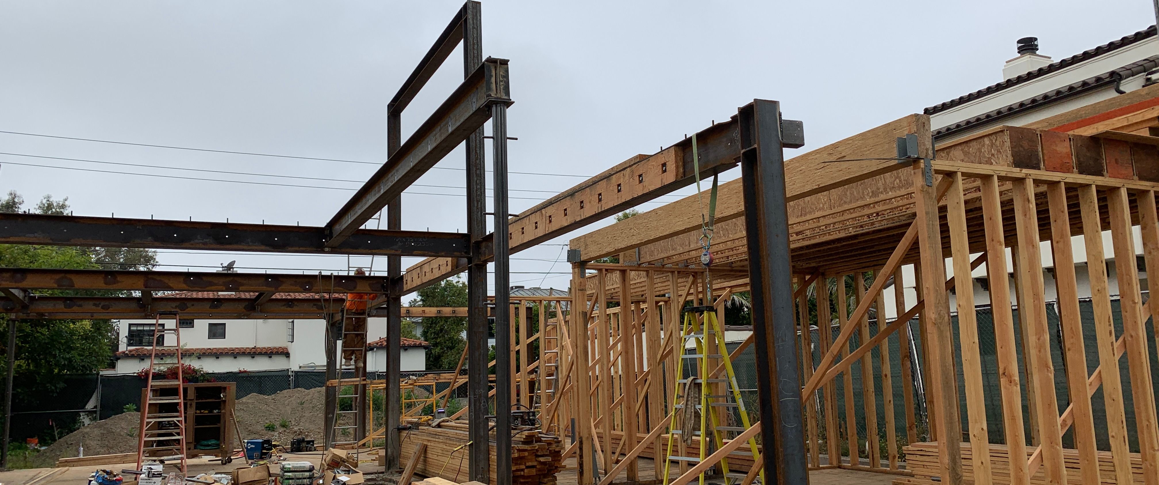 Steel moment frame and wood framing set to the architect's drawings on the Santa Monica build, as built