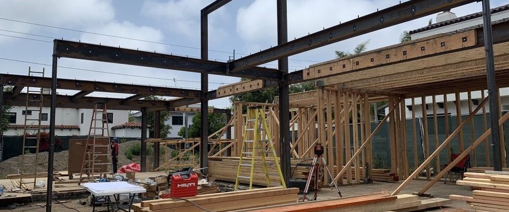Santa Monica remodel — steel moment frame and wood framing during the structural phase
