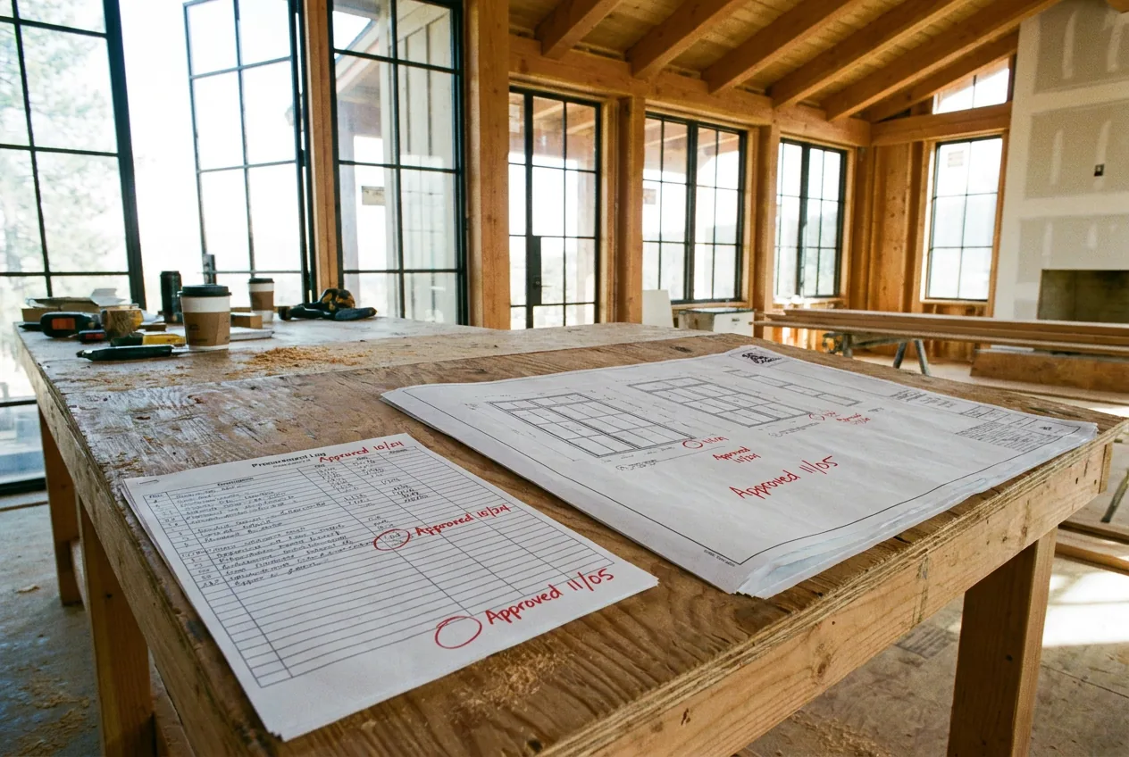 Procurement log and window shop drawing with approval dates marked on a jobsite table.