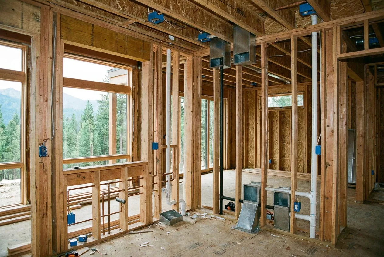 Open framing with rough plumbing, electrical boxes, duct openings, and windows before drywall.